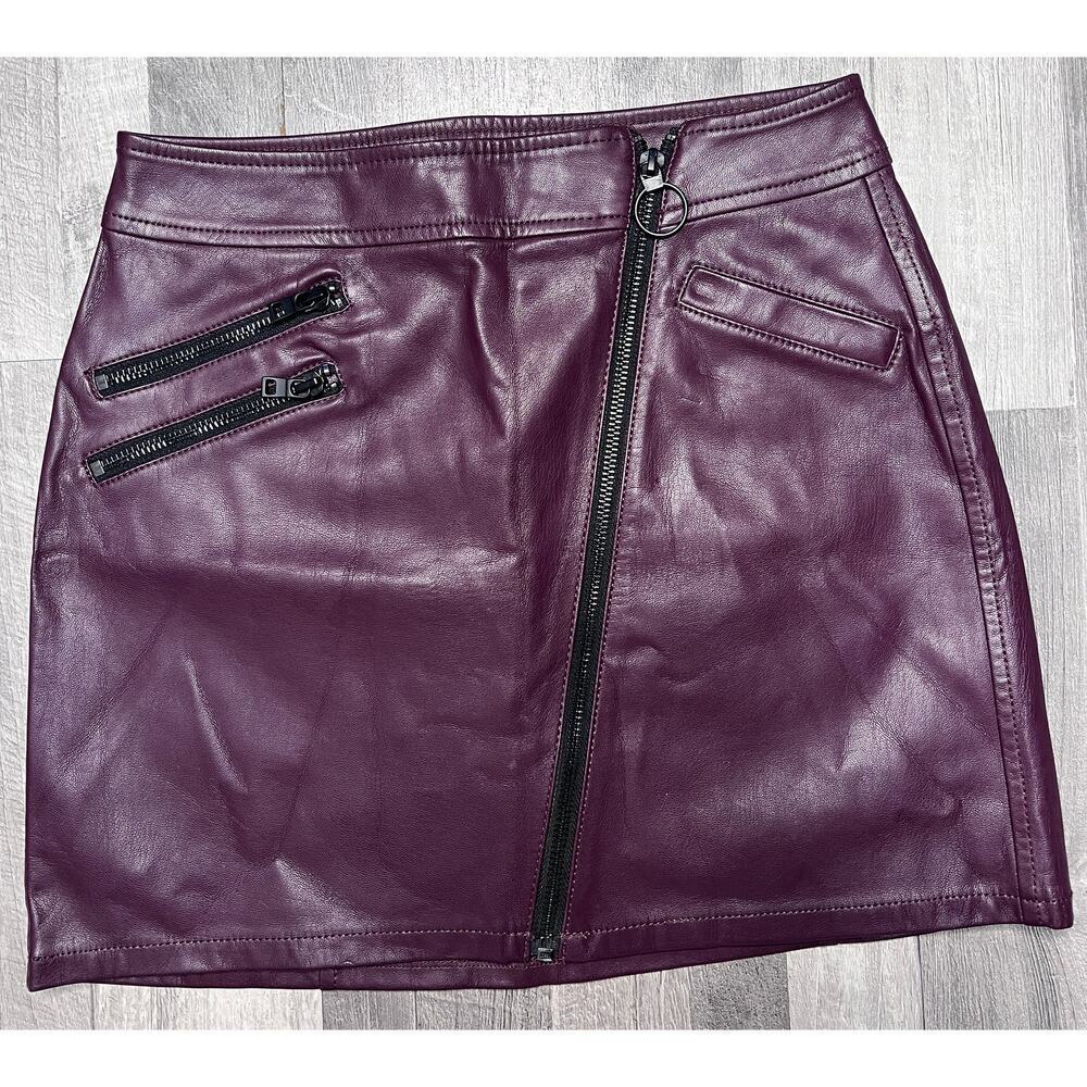 Express Burgundy Faux Leather Mini Skirt Women 00 Moto Zip Vegan Leather Y2K